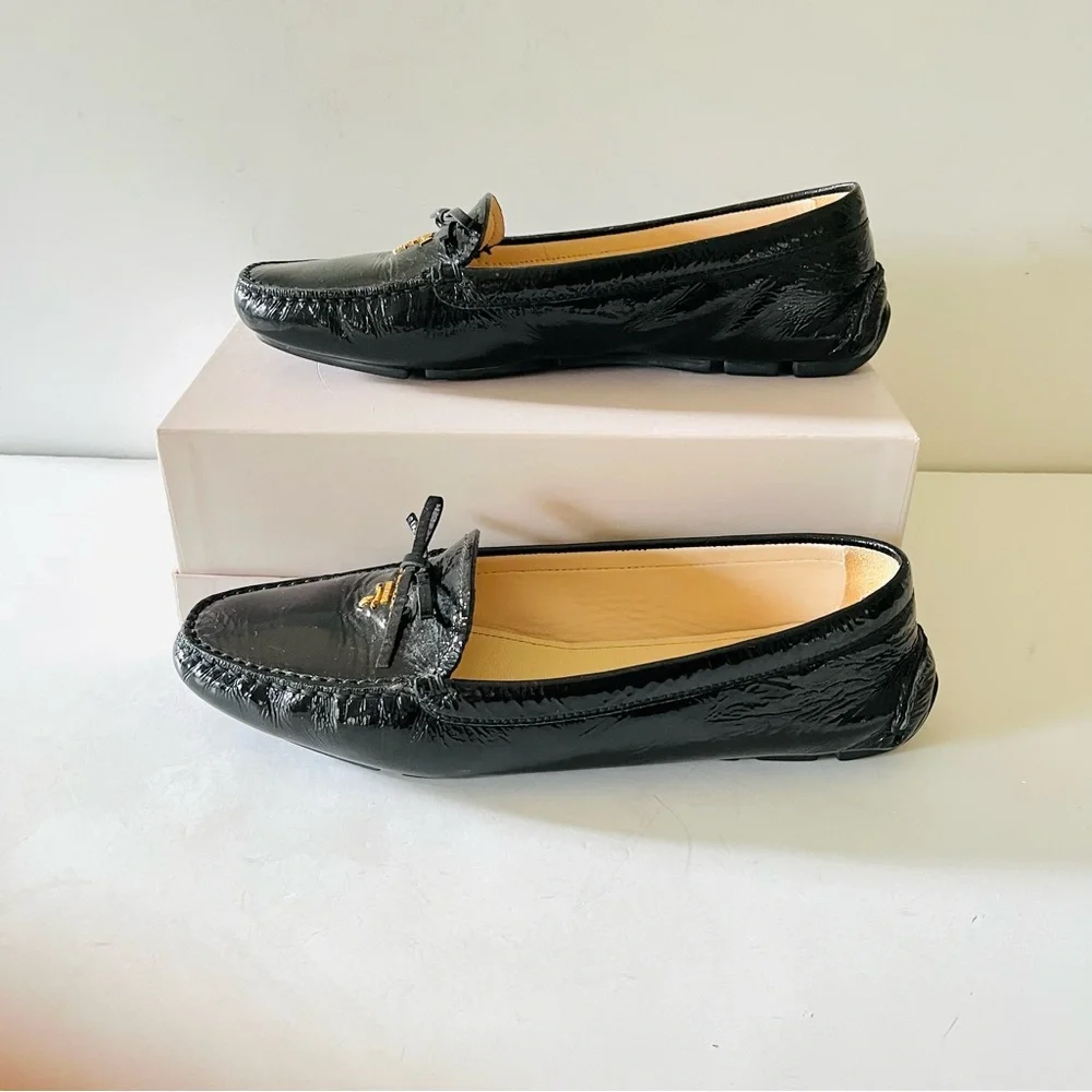 Prada black patent leather driving shoes loafers 38